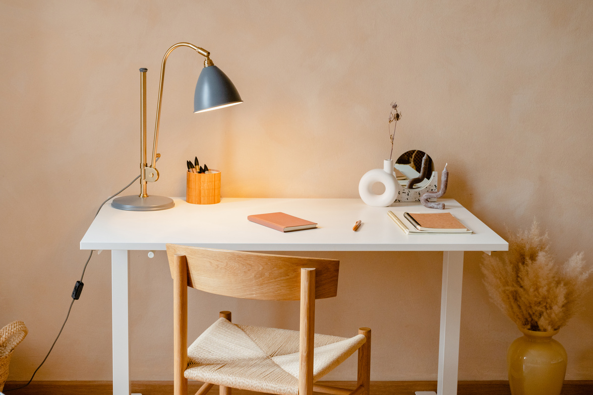 Scandinavian Styled White Study Desk with Lamp